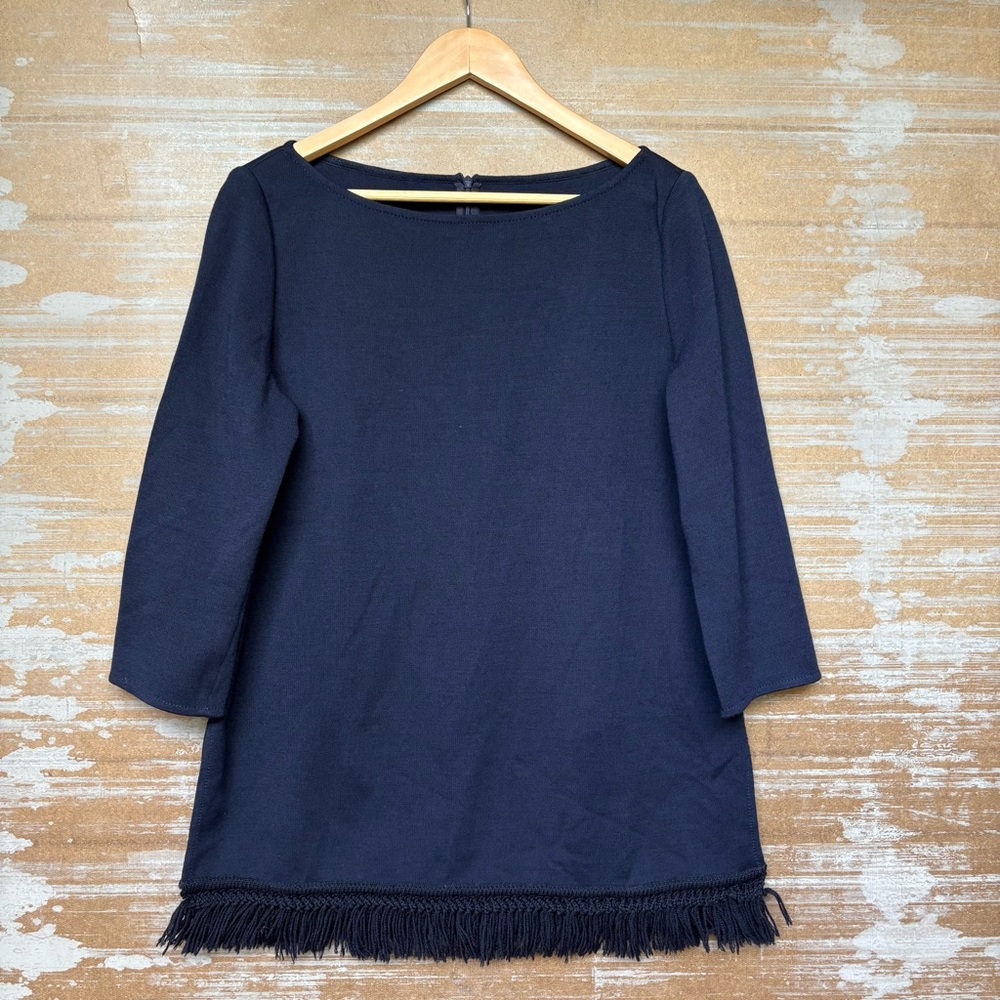 St. John Wool Blend Fringe Sweater Navy Preppy Classic Work Wear Womens M